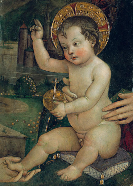 Bernardino di Betto, detto Pintoricchio (Perugia c. 1454 – Siena 1513) Bambin Gesù delle mani, frammento della distrutta Investitura divina di Alessandro VI, c. 1492 1493 dipinto murario entro cornice s