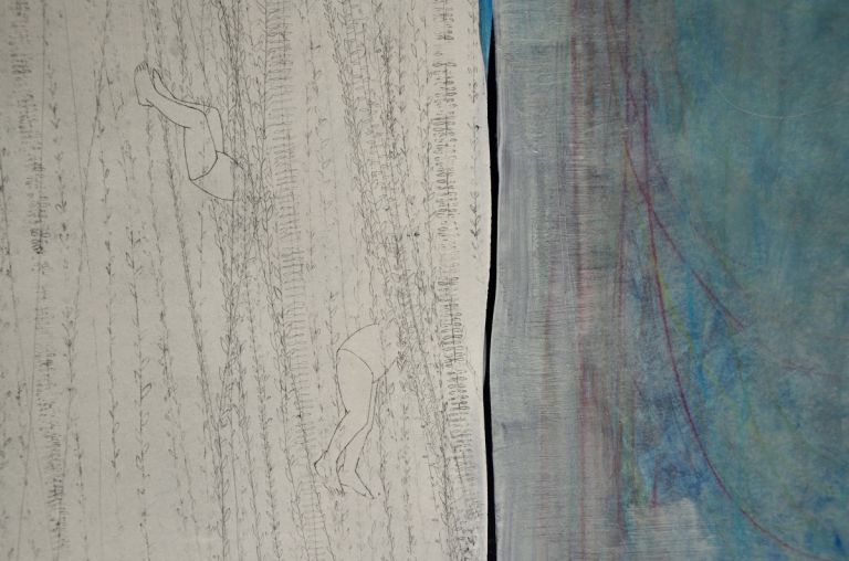 Elisa Bertaglia, Out of the blue, 2016, olio, carboncino, grafite su carta acid-free incollata su tela, 160 x 105,5 cm. Courtesy Galleria Officine dell’Immagine, Milano