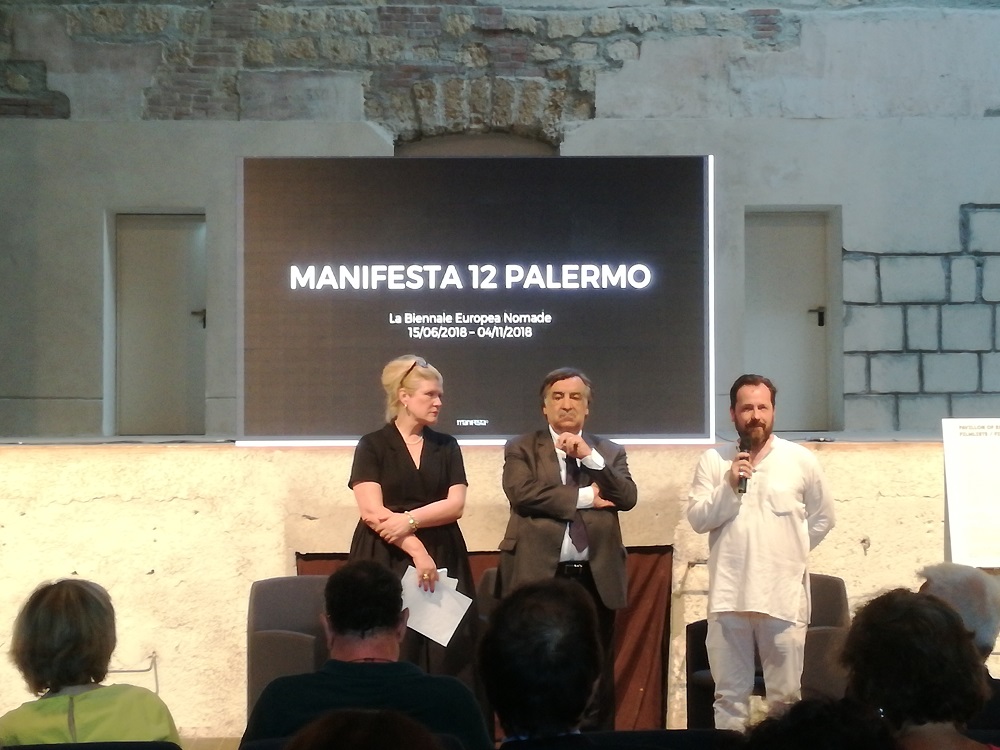 Hedwig Fijen, Leoluca Orlando, Andrea Cusumano, inaugurazione di Aspettando Manifesta. Palermo, Teatro Garibaldi