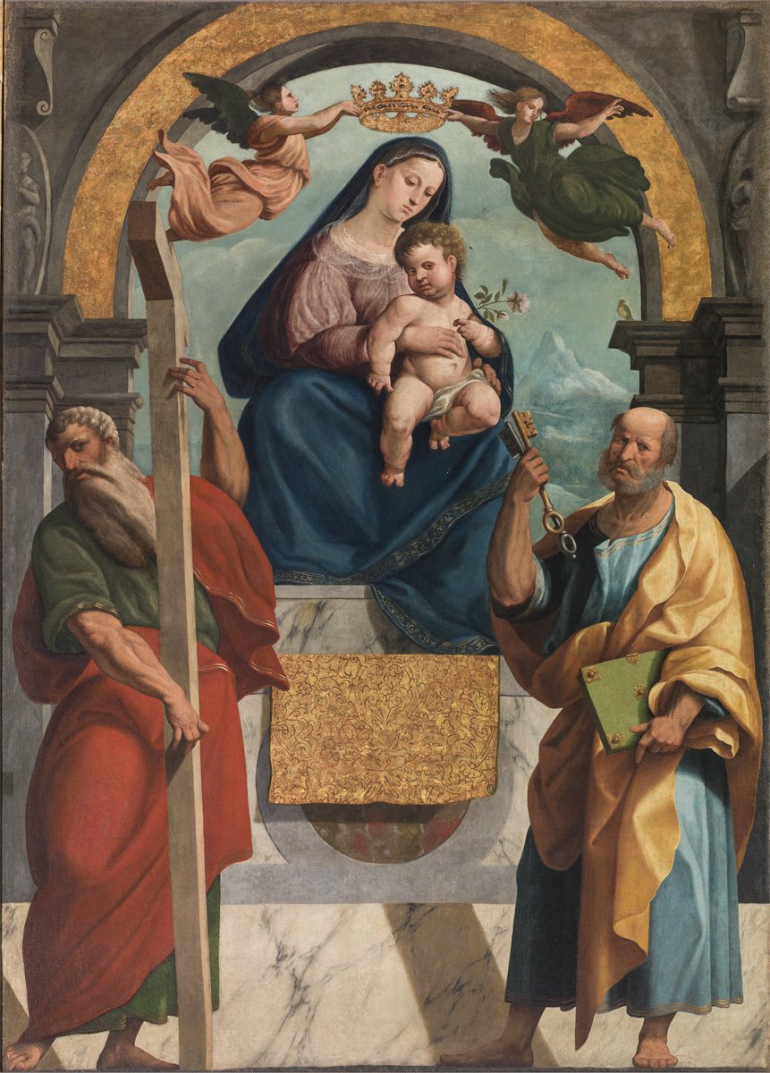 Marcello Fogolino, Madonna in trono con Bambino, tra i SS. Andrea e Pietro, Chiesa Parrocchiale SS. Pietro e Andrea, Povo