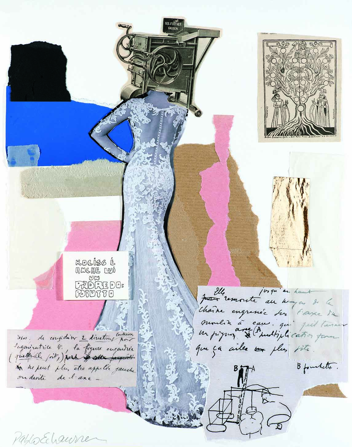 Pablo Echaurren, Il ritardo della sposa (con applicato un disegno originale di Gianfranco Baruchello, 1970), 2016, collage, 35,5 x 28 cm