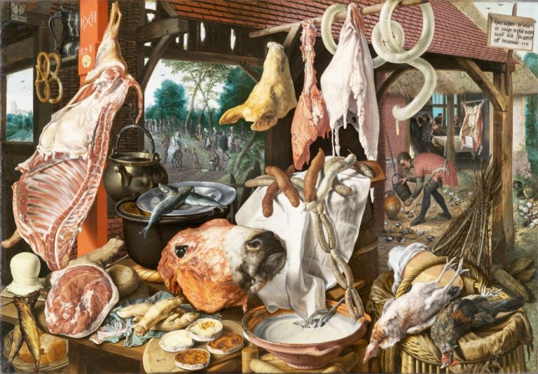 Pieter Aertsen, Banco di macelleria, con Sacra Famiglia che distribuisce elemosine, 1551. UniversitatgemaldSammlung, Uppsala