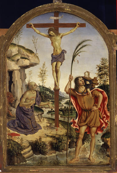Pintoricchio, Crocifisso tra i Santi Girolamo e Cristoforo, c. 1477, olio su tavola, cm 59 x 44, Roma, Galleria Borghese, inv. 377