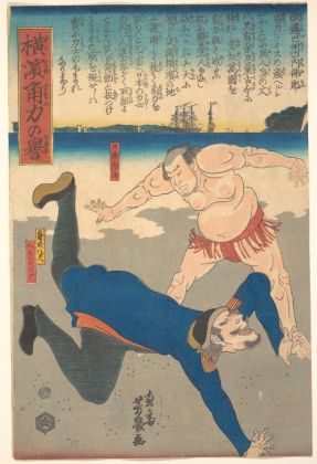 Utagawa Yoshiiku, Lottatore di Sumo che picchia uno straniero 1861
