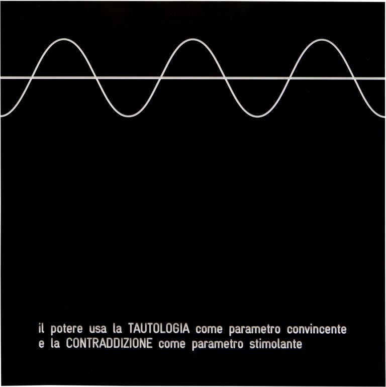 Vincenzo Agnetti, Assioma, Il potere usa la TAUTOLOGIA come parametro convincente e la CONTRADDIZIONE come parametro stimolante, 1971 (70 x 70 cm). Courtesy Archivio Vincenzo Agnetti