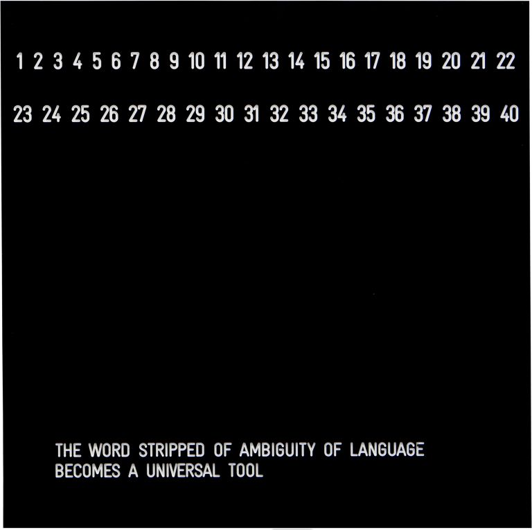 Vincenzo Agnetti, Assioma, The word stripped of ambiguity of language becomes a universal tool, 1971. Courtesy Archivio Vincenzo Agnetti