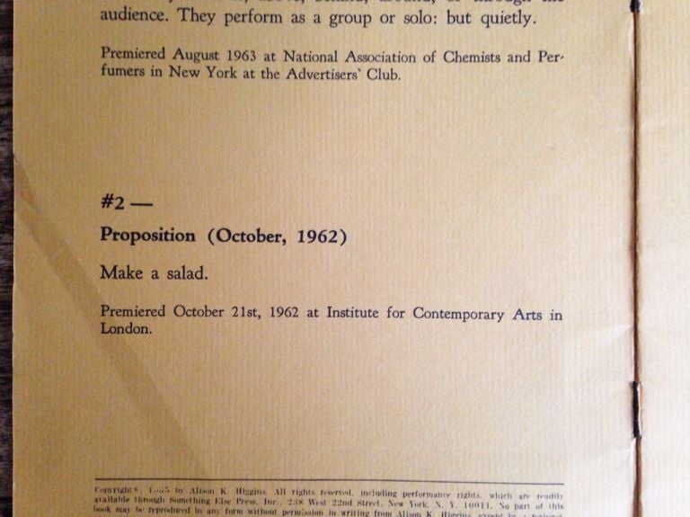 Alison Knowles, Proposition #2, 1962. ICA–Institute of Contemporary Arts, Londra