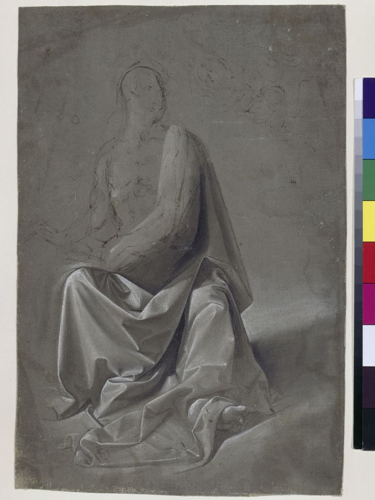 Domenico Ghirlandaio or workshop of Andrea del Verrocchio Drapery Study (possibly study for Saint Matthew and an Angel), about 1477 Brown and black wash heightened with white on brown linen, 26.2 x 17.1 cm © Kupferstichkabinett. Staatliche Museen zu Berlin / Photo: Jörg P. Ander