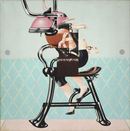 Sergio Sarri Senza titolo (celeste con figura di donna e cyclette), anni '70, olio su tela, 150 x 150. Ph. Fabrizio Stipari
