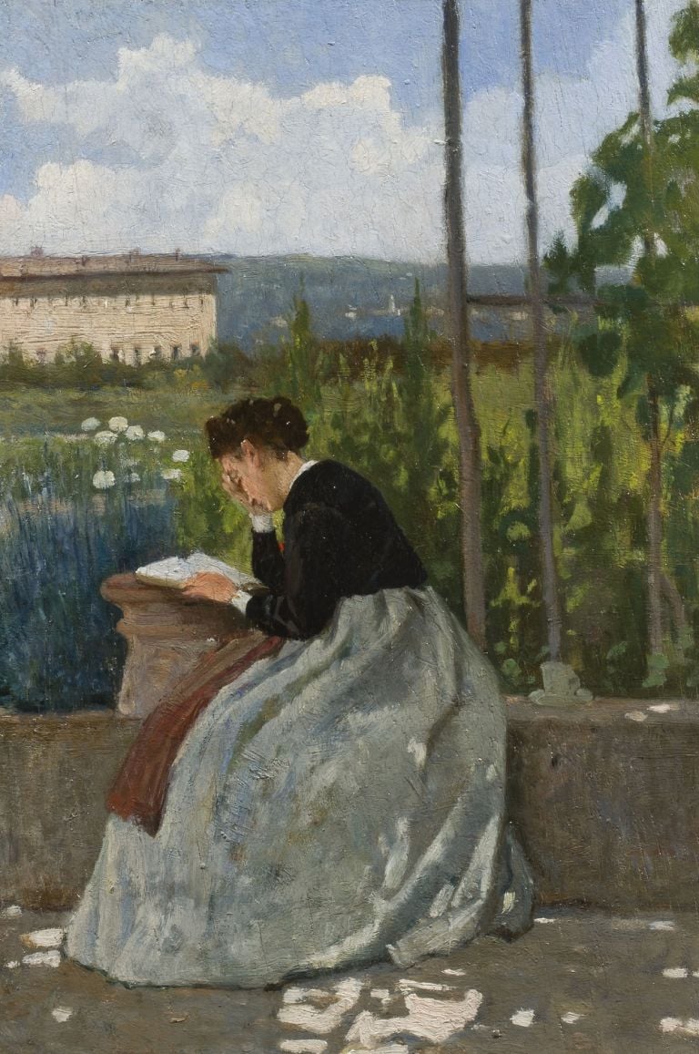 Silvestro Lega, Lettura romantica, olio su tavola 31,5 x 21 cm