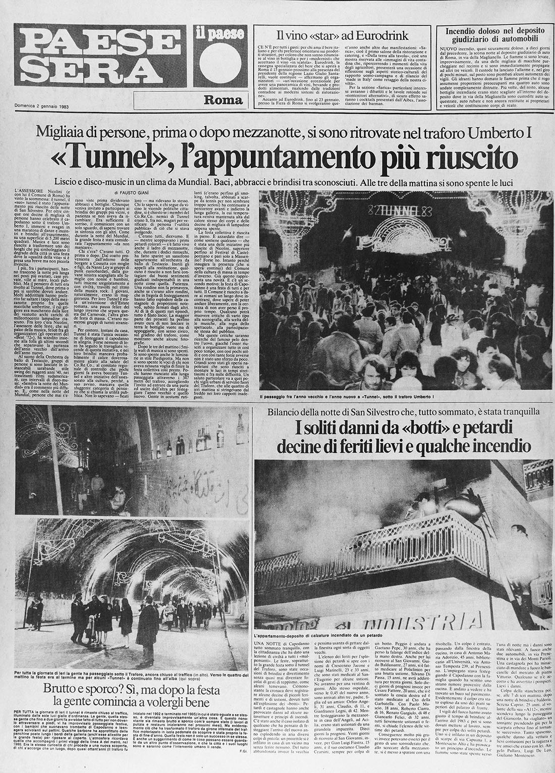 “Paese Sera”, 2 gennaio 1983. Pagina dedicata alla festa di Capodanno 82 Tunnel 83