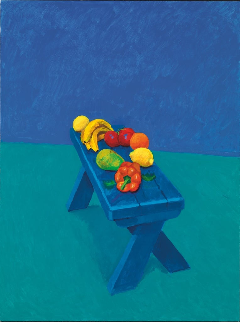 David Hockney, Fruit on a Bench, 6th, 7th, 8th March 2014, acrilico su tela, 121,9 x 91,4 cm © David Hockney, photo credit Richard Schmidt