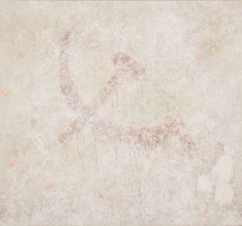Franco Angeli, Bella Ciao omaggio a Dine, 1963, 153x143 cm. tecnica mista su tela con tulle e gesso