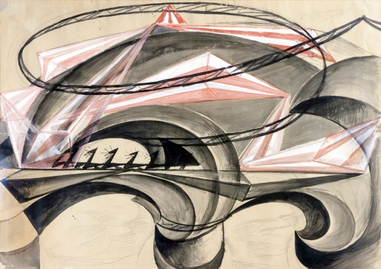 Giacomo Balla, Ponte della velocità, olio magro su carta, 68 x 96 cm. Collezione privata