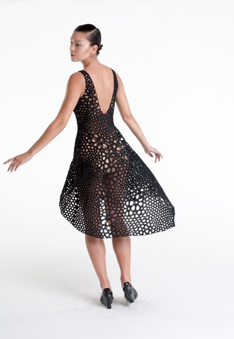 Nervous System (est. 2007), Jessica Rosenkrantz (American, b. 1983), Jesse Louis-Rosenberg (American, b. 1986). Kinematics Dress. 2014. Laser-sintered nylon. Image courtesy of Steve Marsel. The Museum of Modern Art, New York. Committee on Architecture and Design Funds