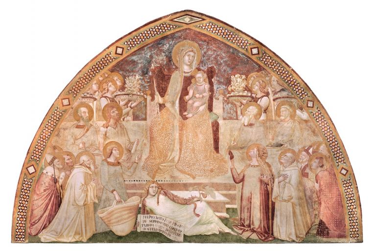 Ambrogio Lorenzetti, Maestà e Storie di San Galgano, affreschi strappati, dalla chiesa di San Galgano a Montesiepi (Chiusdino), particolare dopo il restauro