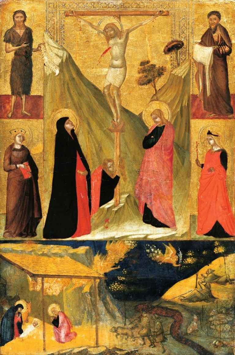 Ambrogio Lorenzetti, Crocifissione, quattro Santi, Natività e Annuncio ai pastori, tempera e oro su tavola, cm. 64,5 x 44,7, Francoforte, Städel Museum foto © Städel Museum / Artothek