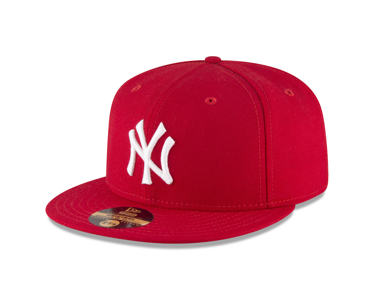 New Era 59FIFTY style New York Yankee Scarlet fitted cap. 1996. Size 7 ⅜. Wool cap with embroidered interlocking NY front logo. Yankees Top Hat logo rear embroidery. Made in the U.S.A (Buffalo, N.Y.) An original example of the first red cap ordered by request from Spike Lee to wear at game 3 of the 1996 world series playoffs