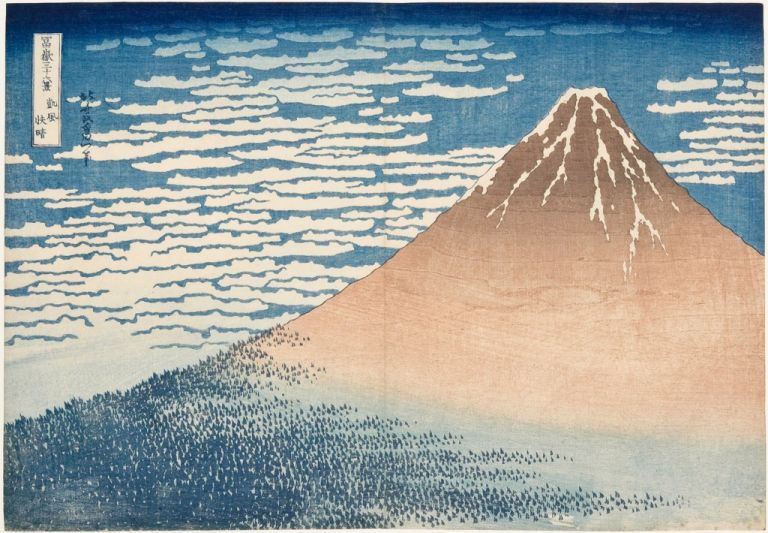 Katsushika Hokusai, Giornata limpida col vento del sud (o Fuji Rosso), dalla serie Trentasei vedute del monte Fuji, 1830-32 ca. Kawasaki Isago no Sato Museum