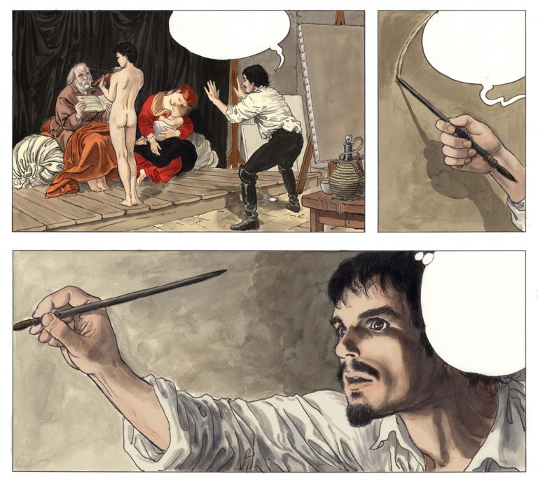 Milo Manara, Caravaggio, Volume I, p. 35, credits Milo Manara 2017