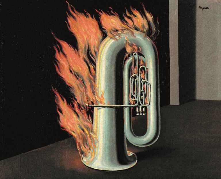 René Magritte, La Découverte du feu, 1934 o 1935, olio su tela, 33 × 41 cm, collezione privata