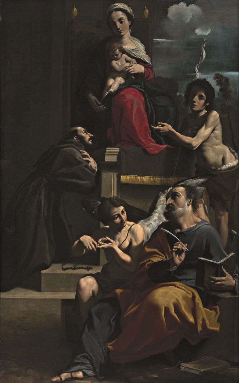 Carlo Bononi, Madonna col Bambino in trono con i santi Francesco, Matteo e Giovanni Battista, 1623-25. Collezione privata