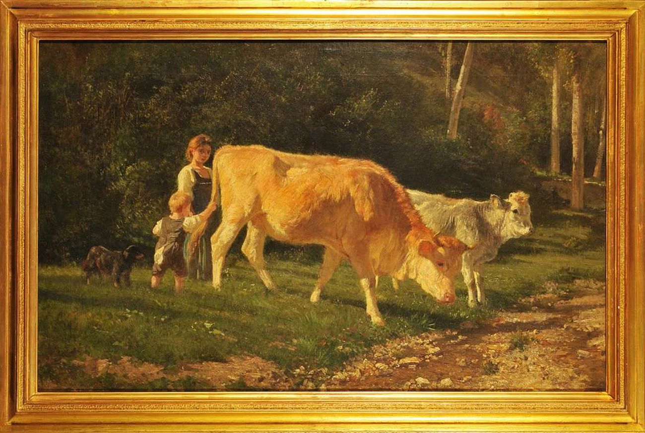 Filippo Palizzi, Vacca e vitello che pascolano, seguiti da due bambini e un cane, 1861