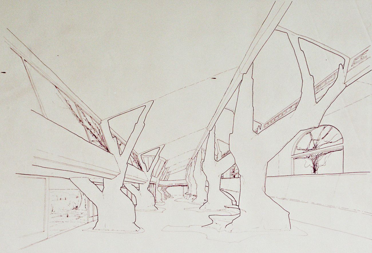 Giardino degli Incontri. Disegno di progetto con prospettiva interna © Archivio Fondazione Michelucci