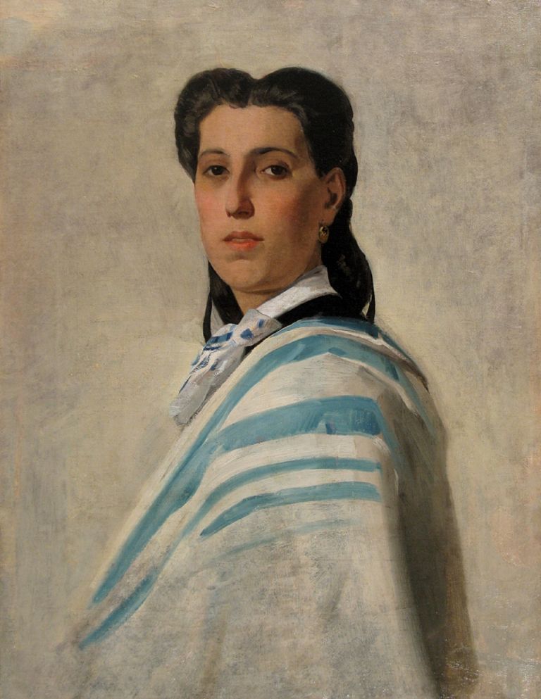 Luigi Busi, Ritratto femminile con drappo bianco azzurro, collezione privata