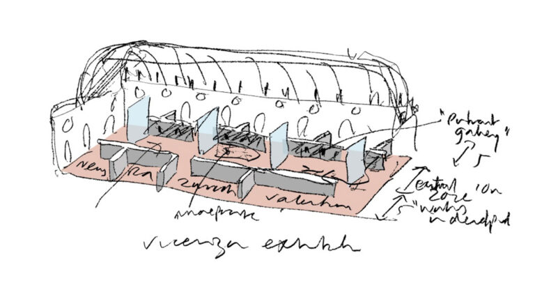 Un disegno di David Chipperfield dell’allestimento della mostra alla Basilica palladiana