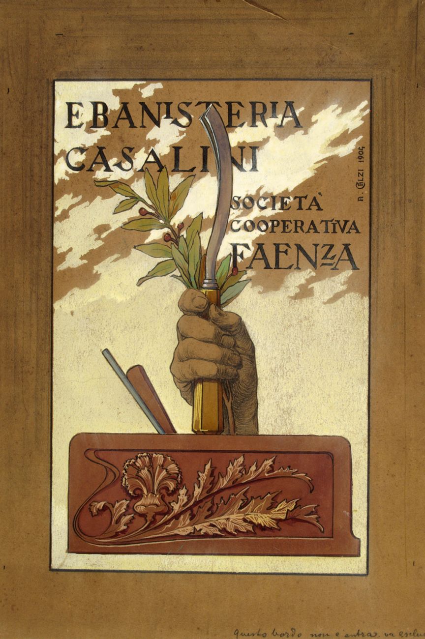 Achille Calzi, Disegno per la cartolina “Ebanisteria Casalini Società Cooperativa Faenza”, 1904, matita e tempera su carta, collezione privata