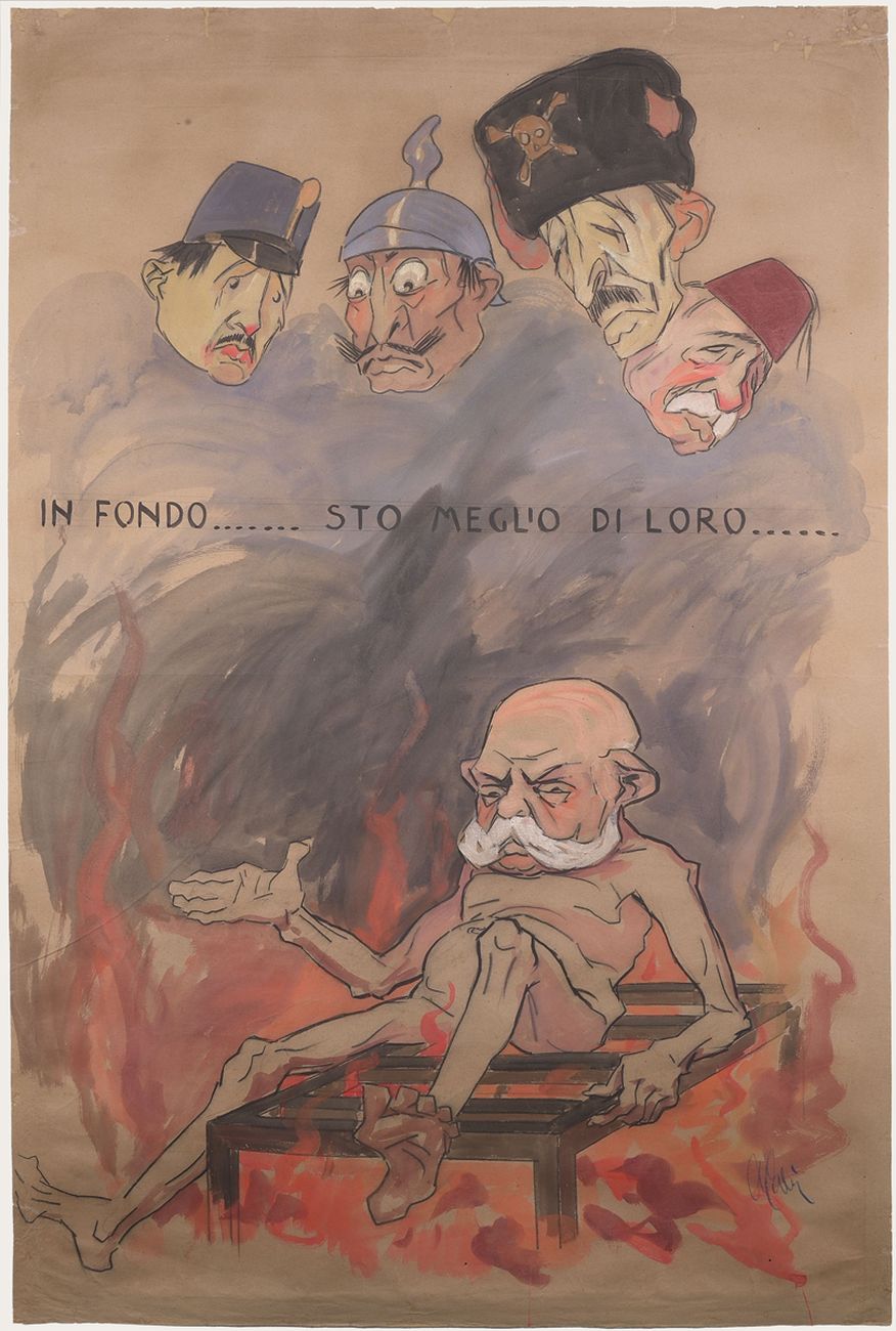 Achille Calzi, Francesco Giuseppe (morto nel 1916) nella graticola dell’Inferno, 1918, tecnica mista su carta, collezione MIC Faenza