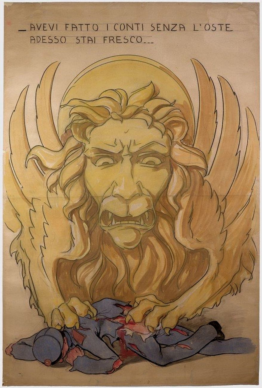 Achille Calzi, Il leone di San Marco artiglia il soldato (o l'imperatore) austriaco, 1918, tecnica mista su carta, collezione MIC Faenza