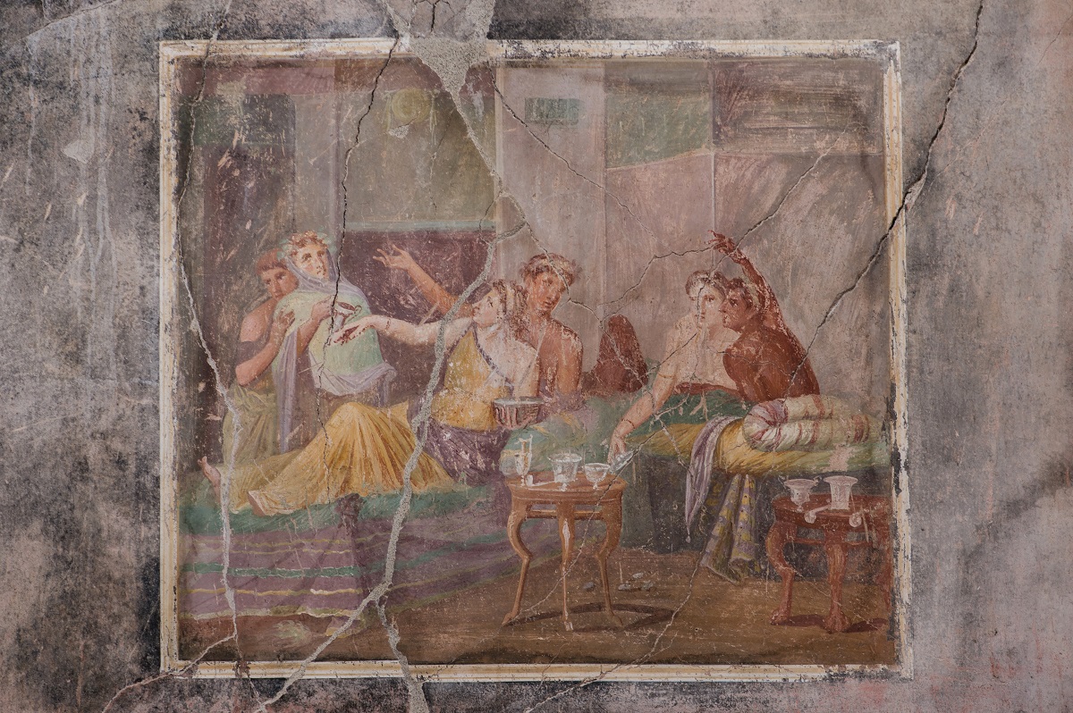 POMPEI, PARCO ARCHEOLOGICO CASA DEI CASTI AMANTI, AFFRESCO CON BANCHETTANTI, I secolo d.C.