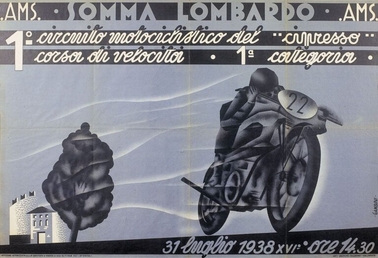 Manifesto di Ivanhoe Gambini, Primo circuito motociclistico del cipresso, 1938. Courtesy Fondazione Cirulli