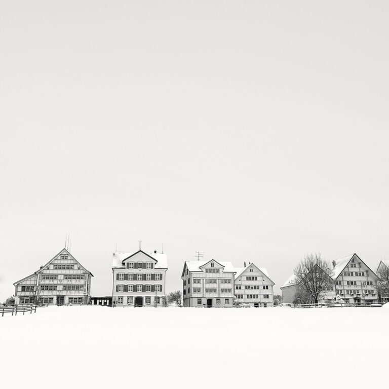 Pierre Pellegrini, Le bianche case dell'inverno, 2017, Stampa ai pigmenti di carbone su carta cotone, cm 50 x 50, Edition: 1/5, Courtesy: Galleria Valeria Bella