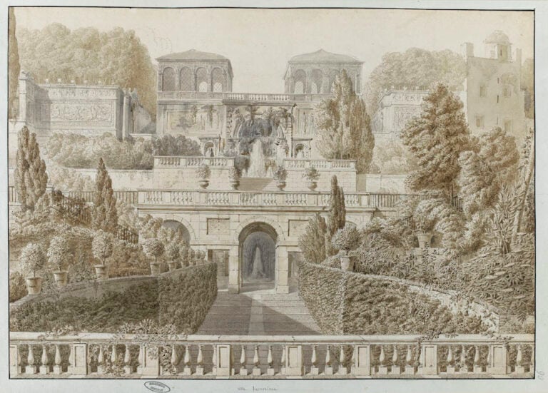 Charles Percier, Gli Orti Farnesiani sul Palatino ripresi dalla terrazza del portico di ingresso, 1786-1790, Parigi, Bibliothèque de l’Institut de France © RMN-Réunion des Musées Nationaux Gérard Blot_distr. Alinari