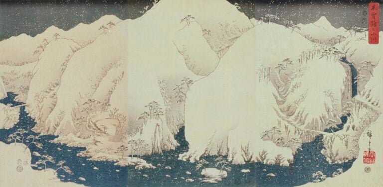 Utagawa Hiroshige, Monti e fiumi lungo la strada Kiso, 1857, trittico di ōban, silografia policroma, Nakau Collection