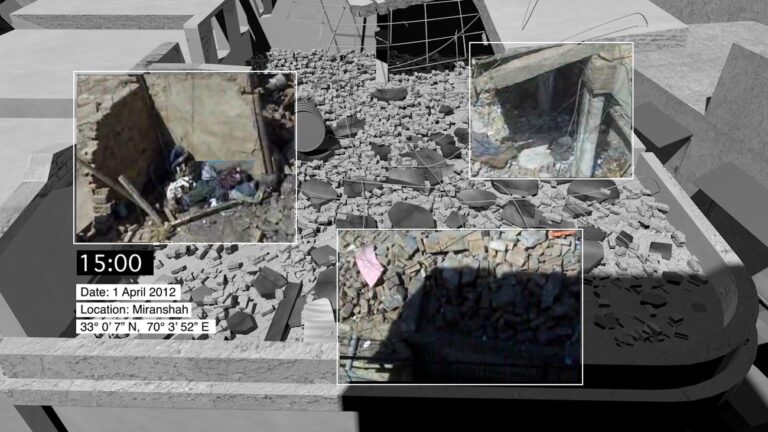 A composite image merges news footage of a home destroyed in a drone strike on Miranshah, North Waziristan, Pakistan together with Forensic Architecture’s 3D modelling... Image Forensic Architecture, 2016
