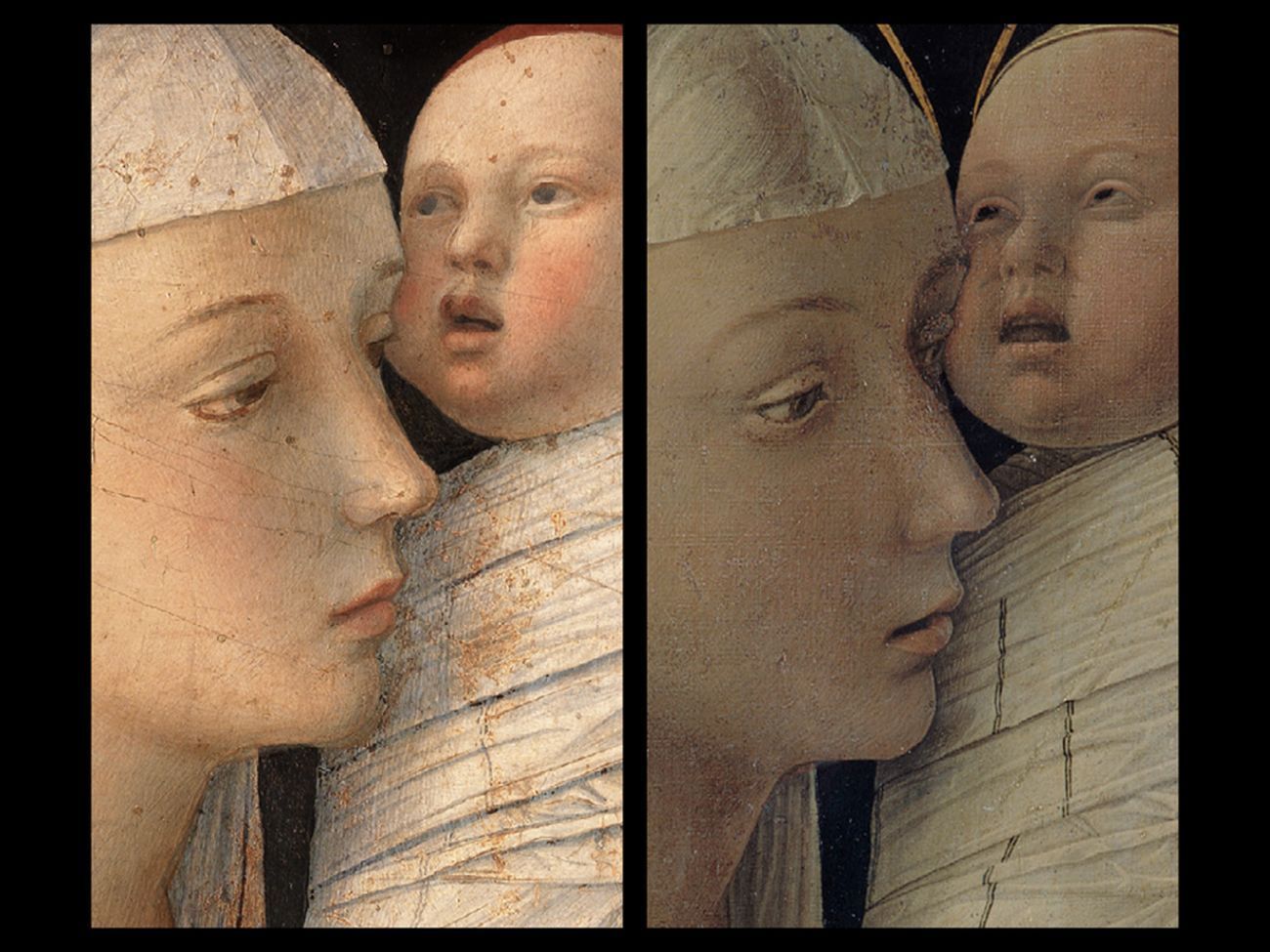 Bellini-Mantegna. Presentazione di Gesù al Tempio. Confronto, la Vergine e il Bambino