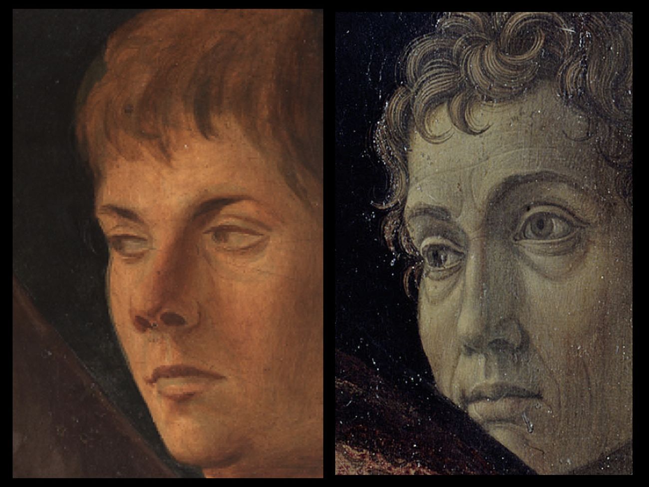 Bellini-Mantegna. Presentazione di Gesù al Tempio. Confronto, le figure maschili