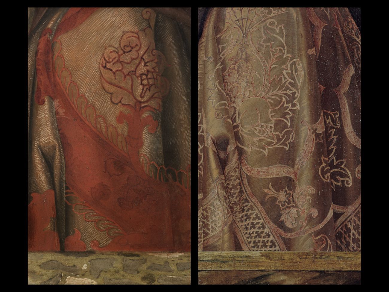 Bellini-Mantegna. Presentazione di Gesù al Tempio. Confronto, le vesti di Simeone