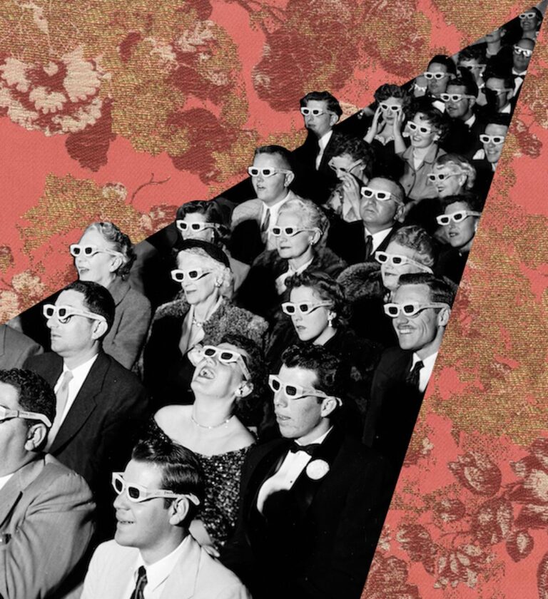 An audience in formal attire and 3D glasses watches the premiere screening of film 'Bwana Devil,' directed by Arch Oboler, the 1st full-length, color 3D (aka 'Natural Vision') motion picture, at the Paramount Theater, Hollywood, California, November 26, 1952. (Photo by J. R. Eyerman/The LIFE Picture Collection/Getty Images)