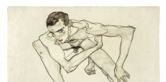 Egon Schiele, Self Portrait in Crouching Position 1913, Gouache and graphite on paper, Moderna Museet Stockholm, Photo Moderna Museet Stockholm