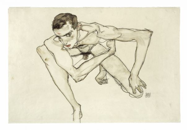 Egon Schiele, Self Portrait in Crouching Position 1913, Gouache and graphite on paper, Moderna Museet Stockholm, Photo Moderna Museet Stockholm