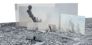 Forensic Architecture located photographs and videos within a 3D model to tell the story of one of the heaviest days of bombardment in the 2014 Israel-Gaza war. The Image-Complex, Rafah Black Friday, Forensic Architecture, 2015