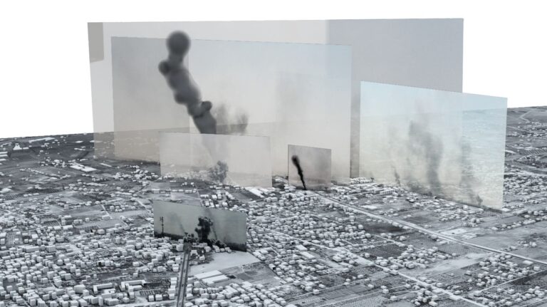 Forensic Architecture located photographs and videos within a 3D model to tell the story of one of the heaviest days of bombardment in the 2014 Israel-Gaza war. The Image-Complex, Rafah Black Friday, Forensic Architecture, 2015