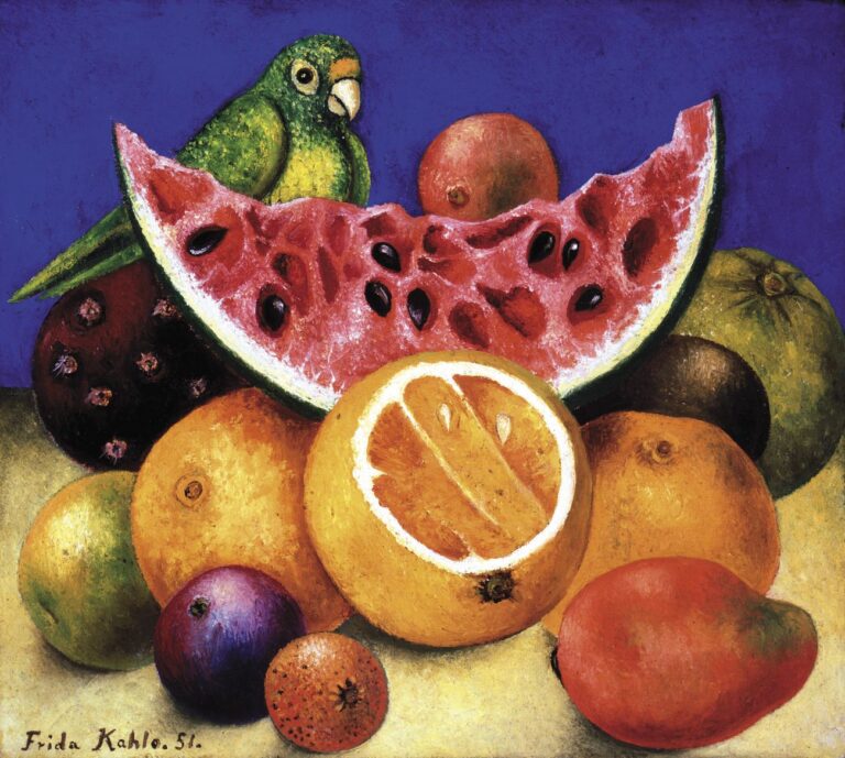 Frida Kahlo, Natura morta con pappagallo e frutta, 1951. Nickolas Muray Collection of Mexican Art, Harry Ransom Center. The University of Texas at Austin. Crediti © Banco de México Diego Rivera Frida Kahlo Museums Trust, Mexico, D.F. by SIAE 2018