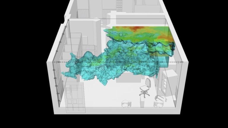 Fluid dynamics simulation of gunpowder residue particles (ammonia) within the front room of the internet cafe. Image Forensic Architecture and Dr. Salvador Navarro Martinez, 2017