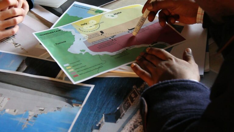 Forensic Oceanography researchers conduct an interview with survivor Dan Haile Gebre in Milan, 21 December 2011… Image Forensic Oceanography, 2013